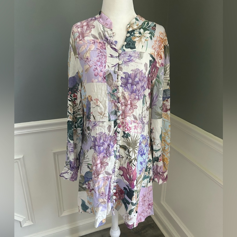 Zara floral linen blend long sleeve mini dress Medium